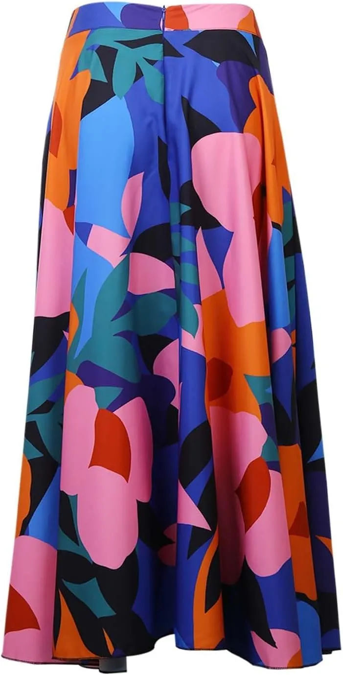 Women's Skirts for Summer Vacation Womens Flowy Boha Skirts Bohemian Floral Print High Elastic Waist Casual Long Skirts