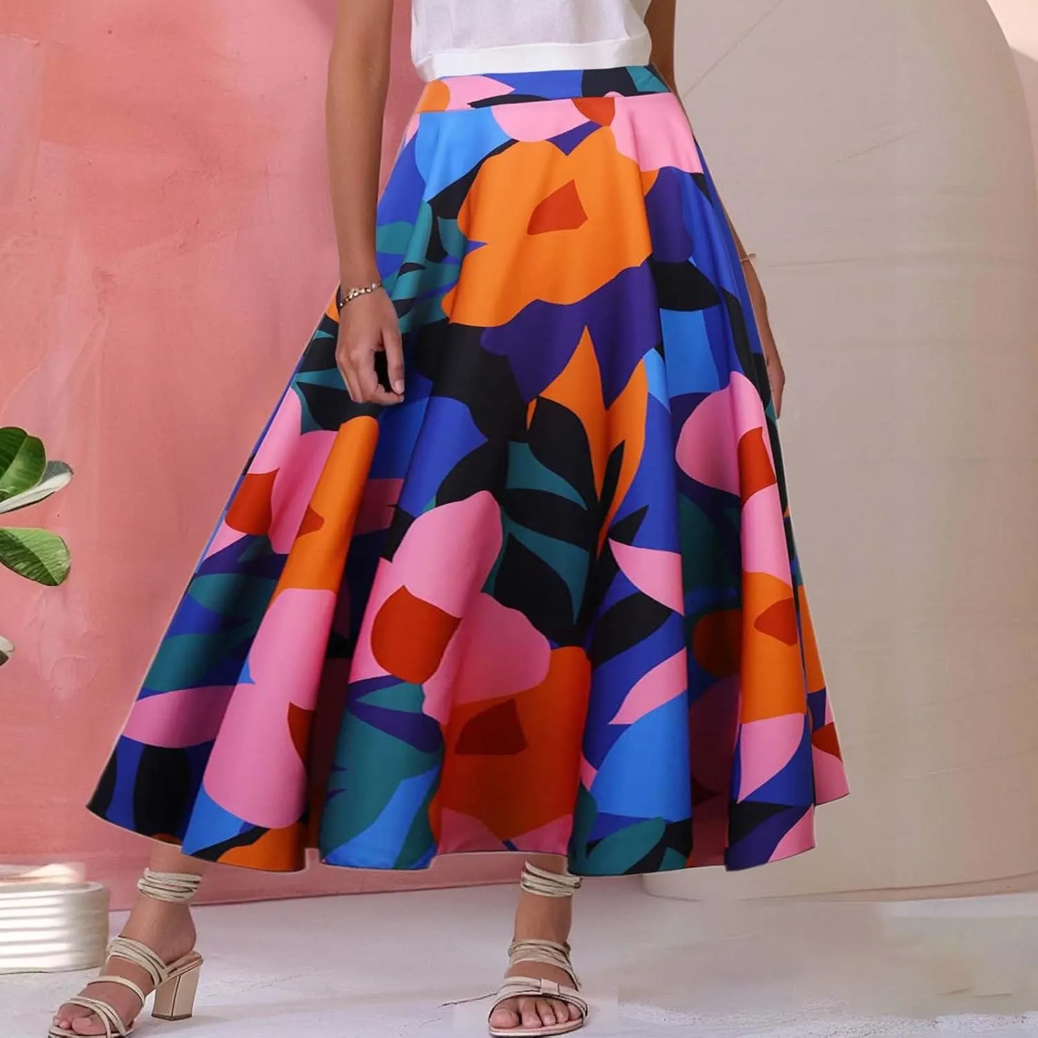 Women's Skirts for Summer Vacation Womens Flowy Boha Skirts Bohemian Floral Print High Elastic Waist Casual Long Skirts