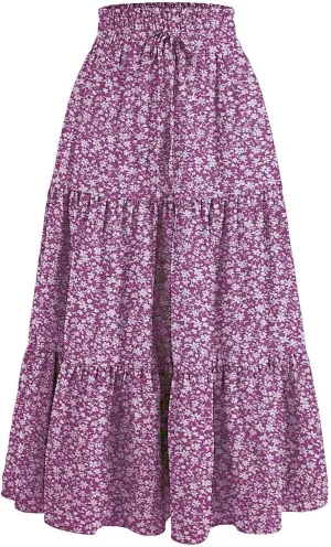Women's Smocked High Waist Maxi Boho Skirts Casual Beach Vacation Long Skirt with Pockets A-Line Flowy Swing Skirts