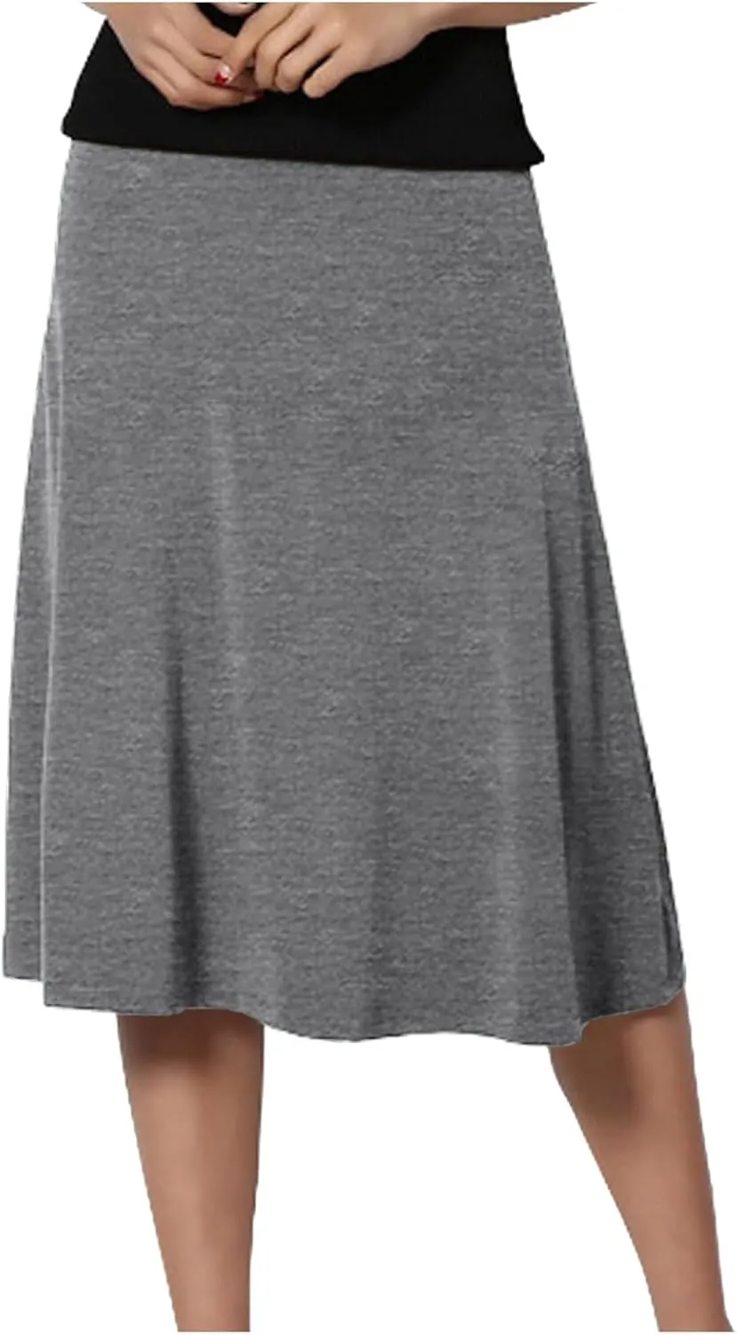Women's Solid Lightweight Flare Midi Pull On Closure Skirt S XXL Plus Size Side Slit Skirt