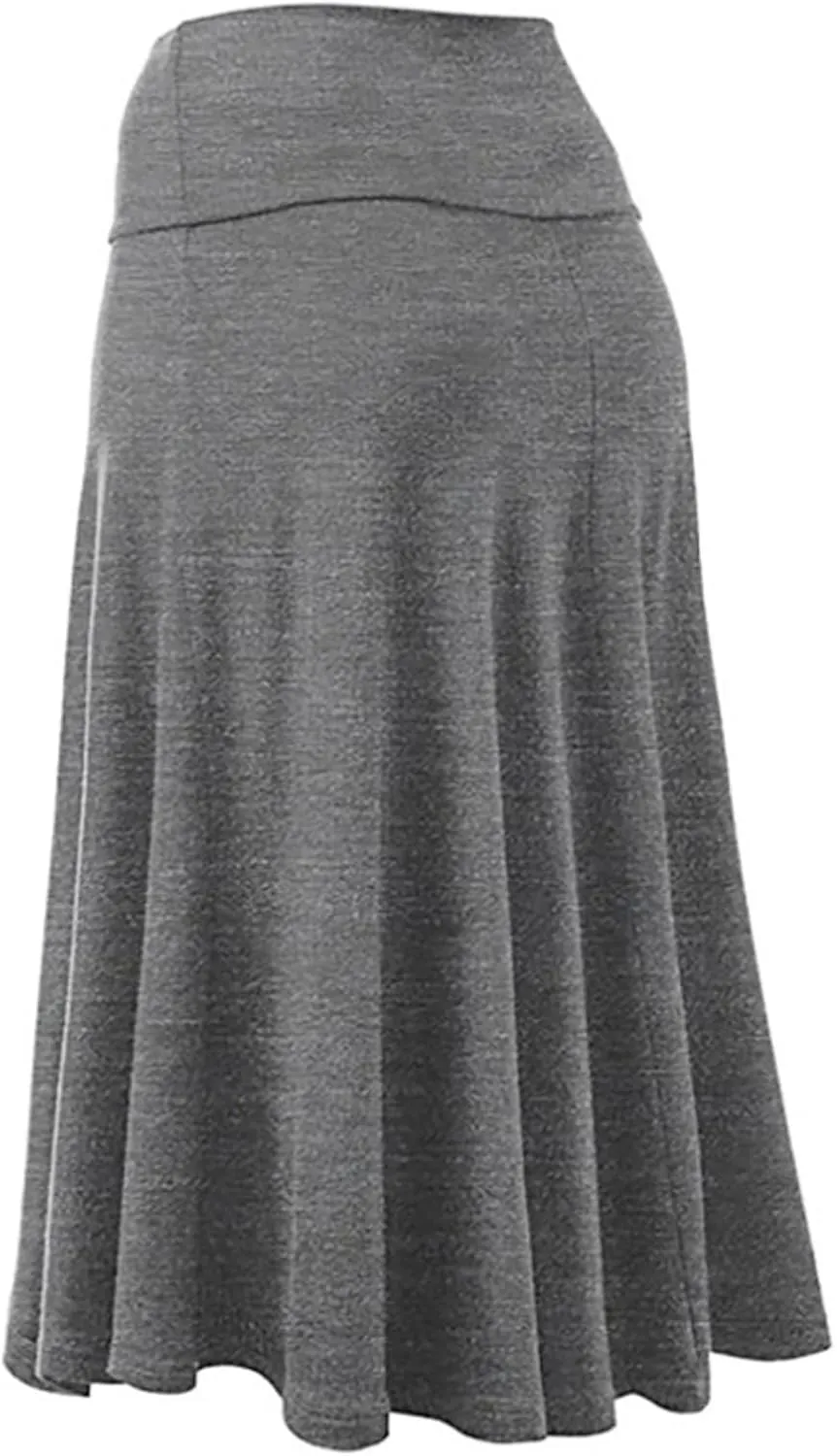 Women's Solid Lightweight Flare Midi Pull On Closure Skirt S XXL Plus Size Side Slit Skirt