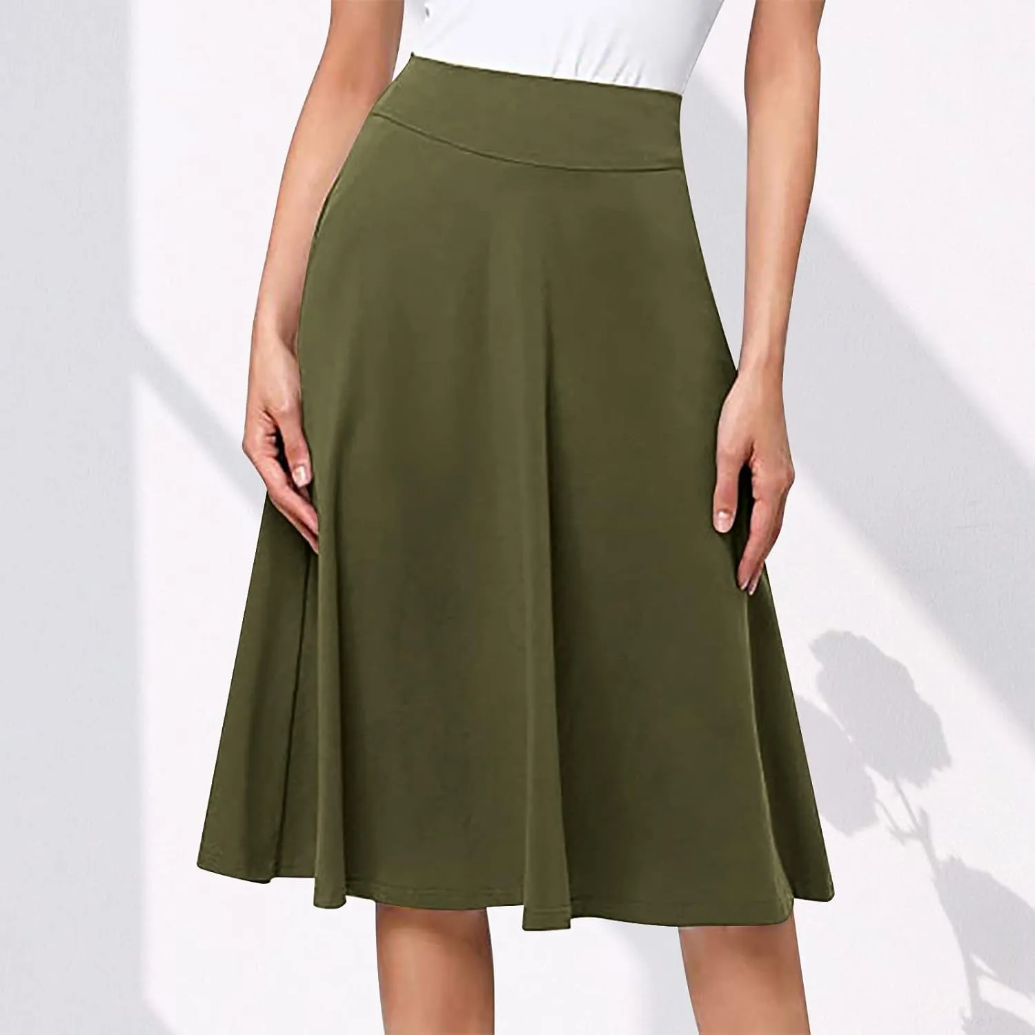 Women's Stretchy High Waist Flare A-Line Midi Skirt Solid Knee Length Elegant Skirts Casual Summer Loose Flowy Skirt