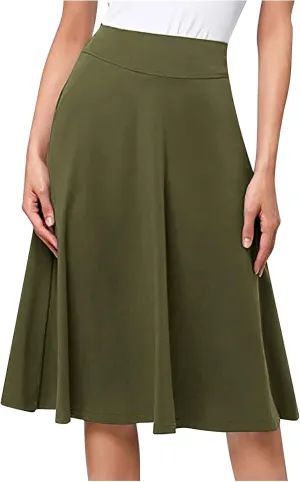 Women's Stretchy High Waist Flare A-Line Midi Skirt Solid Knee Length Elegant Skirts Casual Summer Loose Flowy Skirt