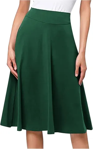 Women's Stretchy High Waist Flare A-Line Midi Skirt Solid Knee Length Elegant Skirts Casual Summer Loose Flowy Skirt