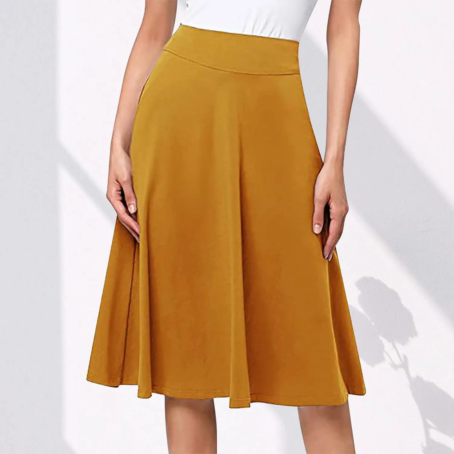 Women's Stretchy High Waist Flare A-Line Midi Skirt Solid Knee Length Elegant Skirts Casual Summer Loose Flowy Skirt
