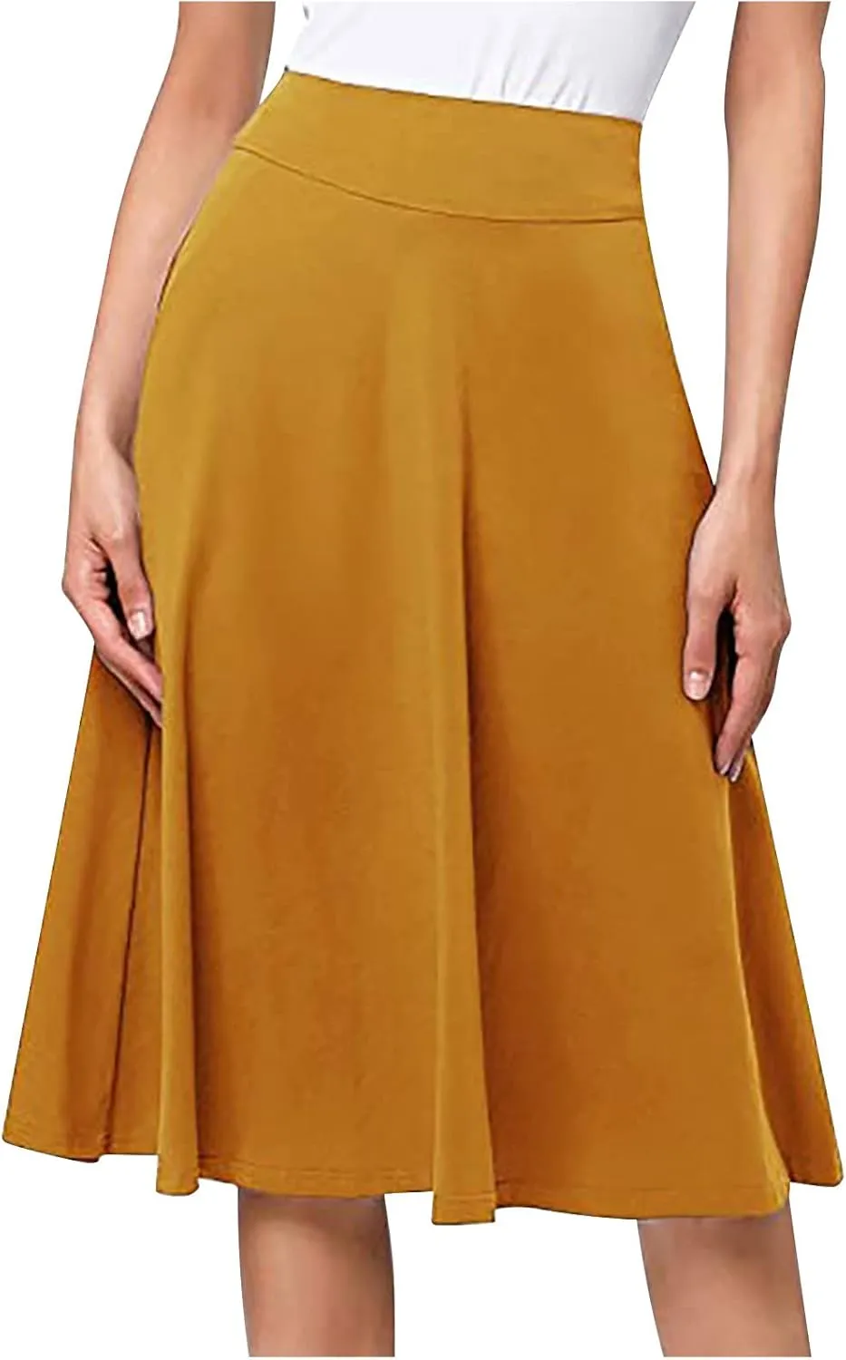 Women's Stretchy High Waist Flare A-Line Midi Skirt Solid Knee Length Elegant Skirts Casual Summer Loose Flowy Skirt