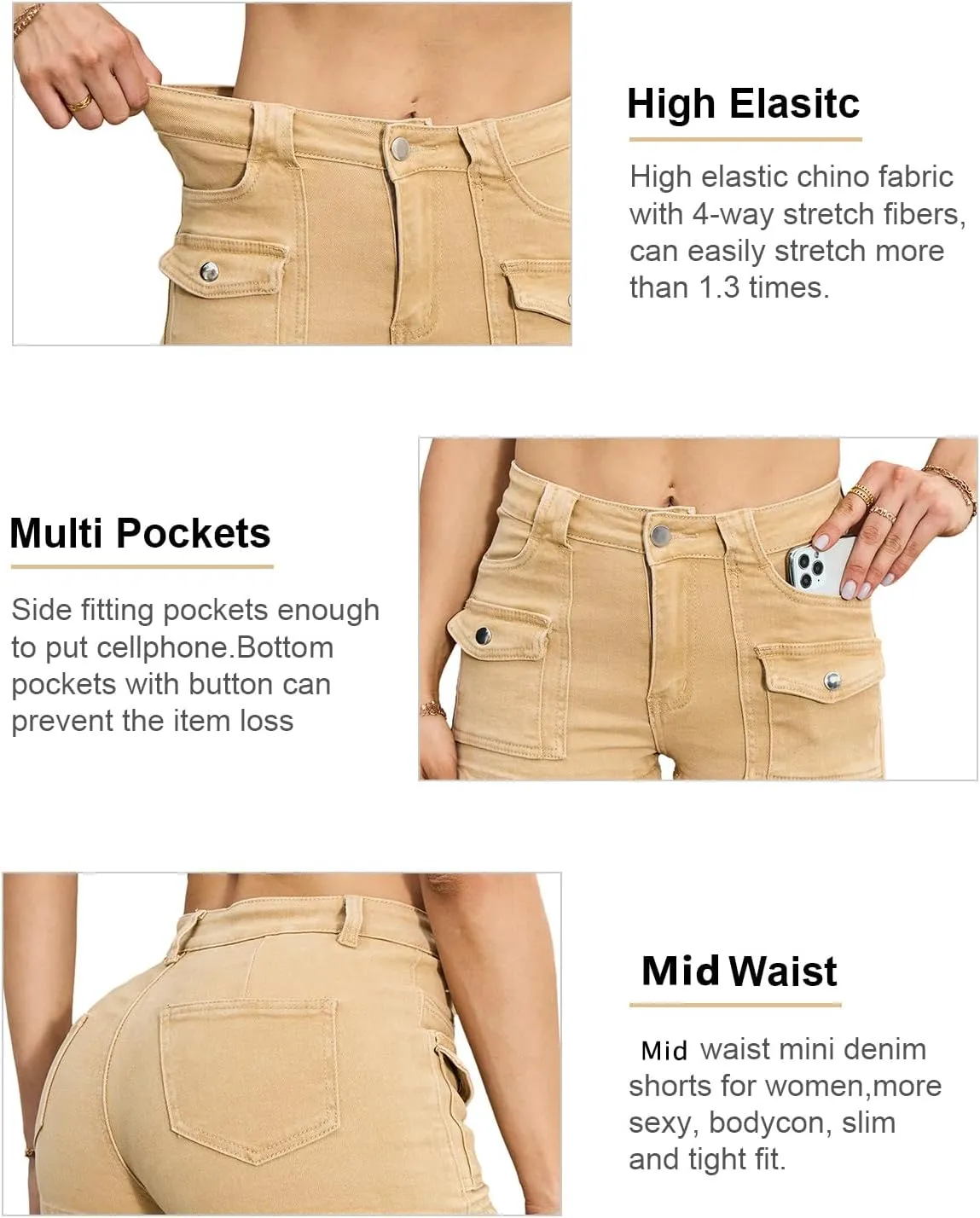 Women's Stretchy Jean Shorts Mid Waisted Twill Shorts Stretch Junior Booty Denim Shorts with Pockets Club Night