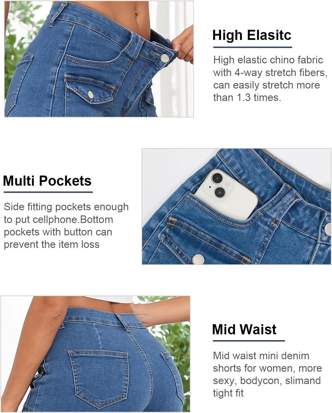 Women's Stretchy Jean Shorts Mid Waisted Twill Shorts Stretch Junior Booty Denim Shorts with Pockets Club Night