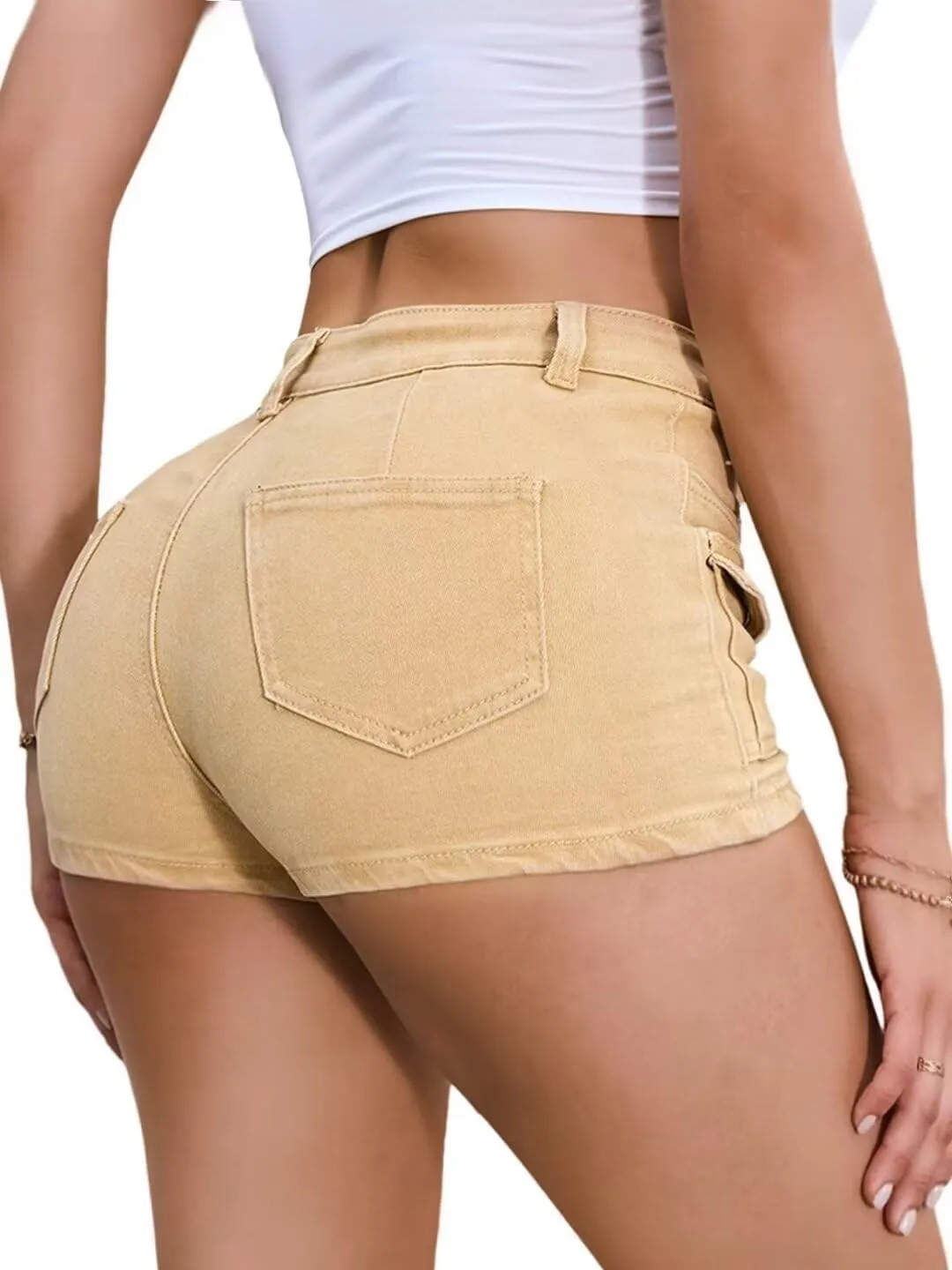 Women's Stretchy Jean Shorts Mid Waisted Twill Shorts Stretch Junior Booty Denim Shorts with Pockets Club Night