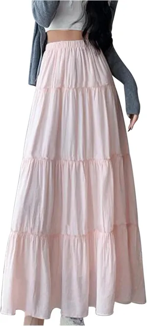 Womens Summer Boho Skirts Elastic Waist Flowy Swing Tiered A Line Ruffle Beach Skirt 2025 Summer Fashion Maxi Skorts