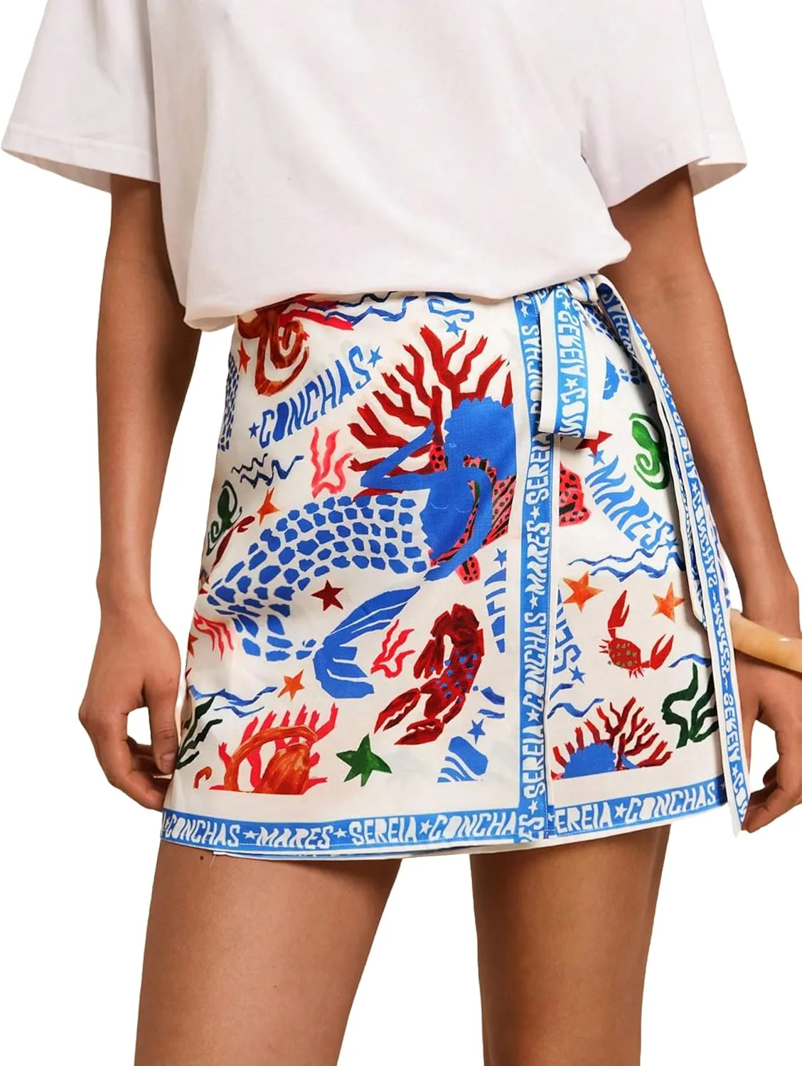 Women’s Summer Boho Skirts Floral Print Tie Knot Wrap Mini Skirt Cute Tropical Ocean Graphic Short Skirts Beachwear