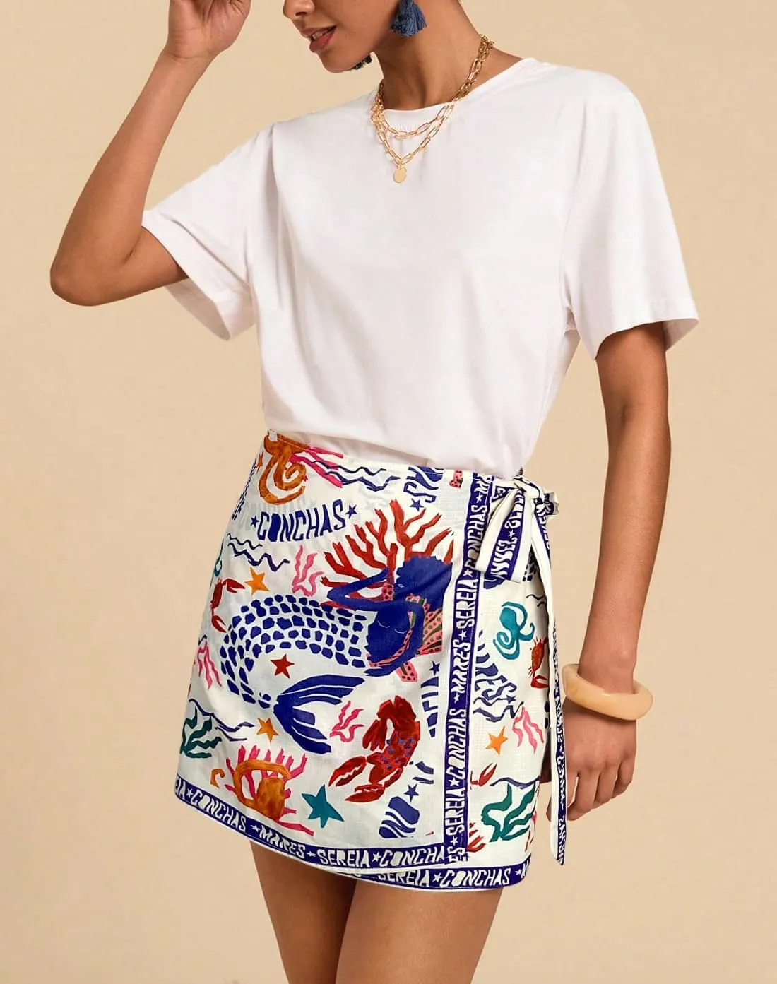 Women’s Summer Boho Skirts Floral Print Tie Knot Wrap Mini Skirt Cute Tropical Ocean Graphic Short Skirts Beachwear