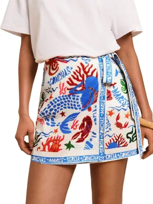 Women’s Summer Boho Skirts Floral Print Tie Knot Wrap Mini Skirt Cute Tropical Ocean Graphic Short Skirts Beachwear