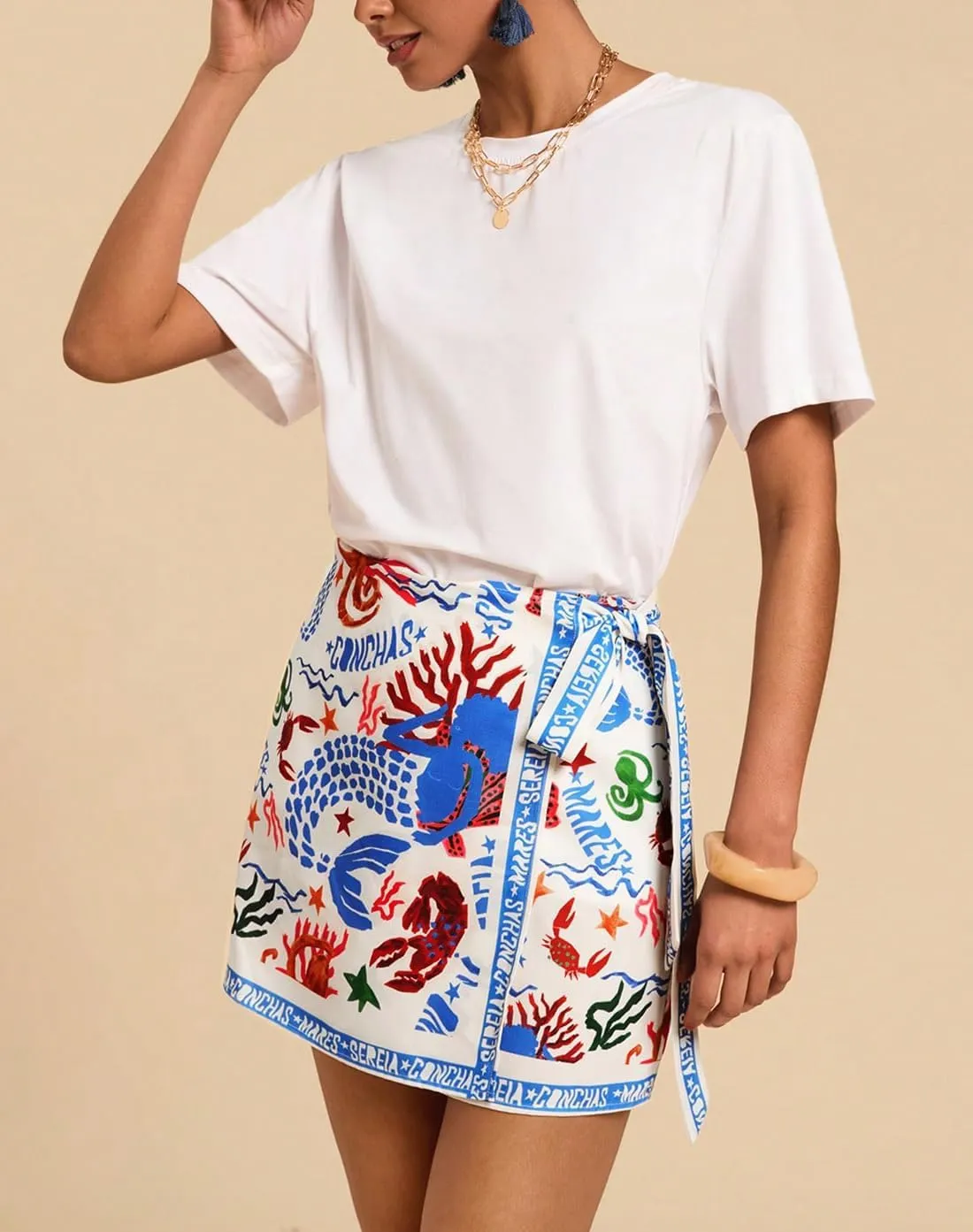 Women’s Summer Boho Skirts Floral Print Tie Knot Wrap Mini Skirt Cute Tropical Ocean Graphic Short Skirts Beachwear