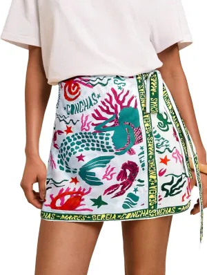 Women’s Summer Boho Skirts Floral Print Tie Knot Wrap Mini Skirt Cute Tropical Ocean Graphic Short Skirts Beachwear