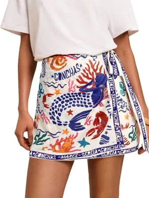 Women’s Summer Boho Skirts Floral Print Tie Knot Wrap Mini Skirt Cute Tropical Ocean Graphic Short Skirts Beachwear