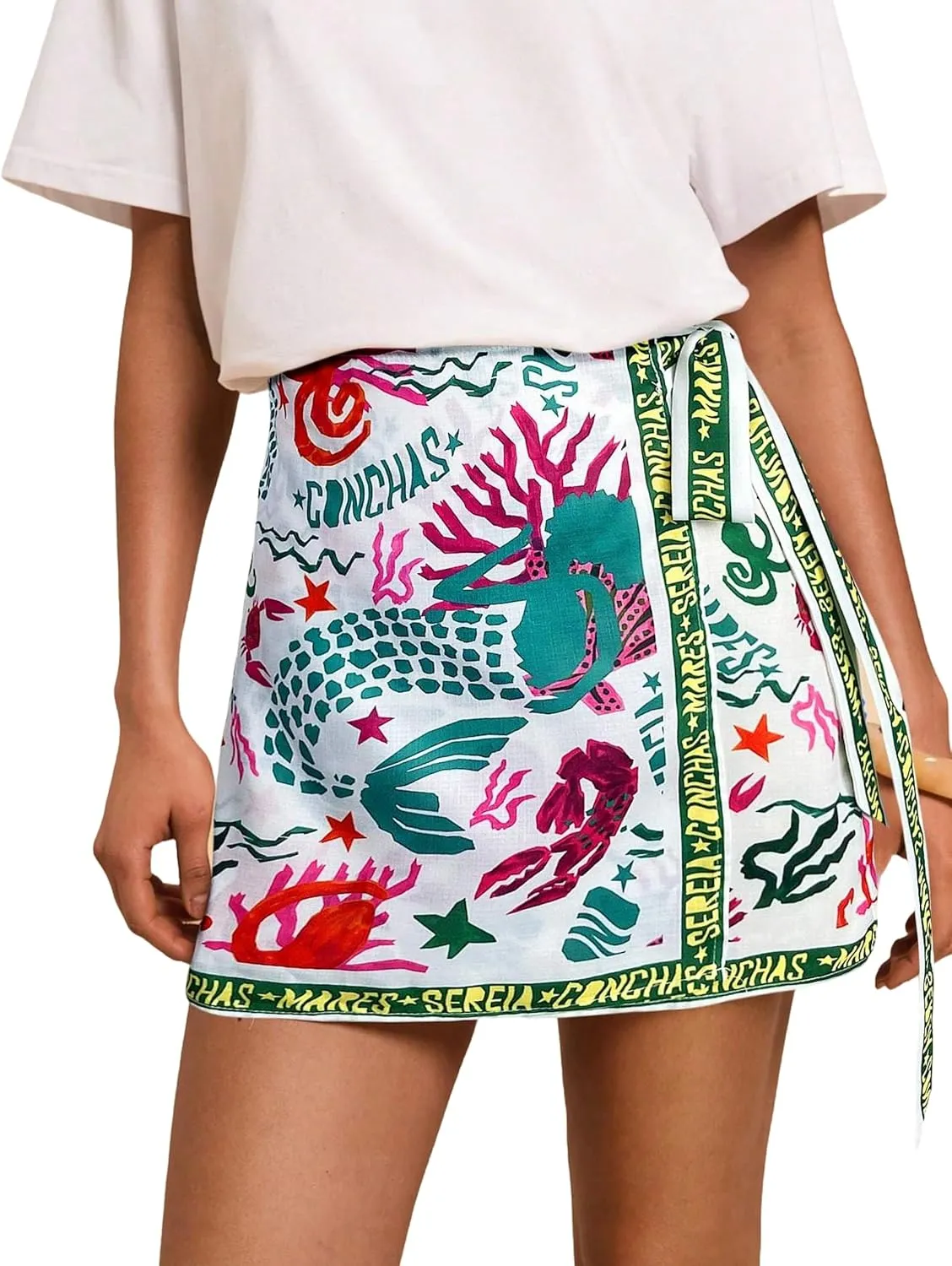 Women’s Summer Boho Skirts Floral Print Tie Knot Wrap Mini Skirt Cute Tropical Ocean Graphic Short Skirts Beachwear