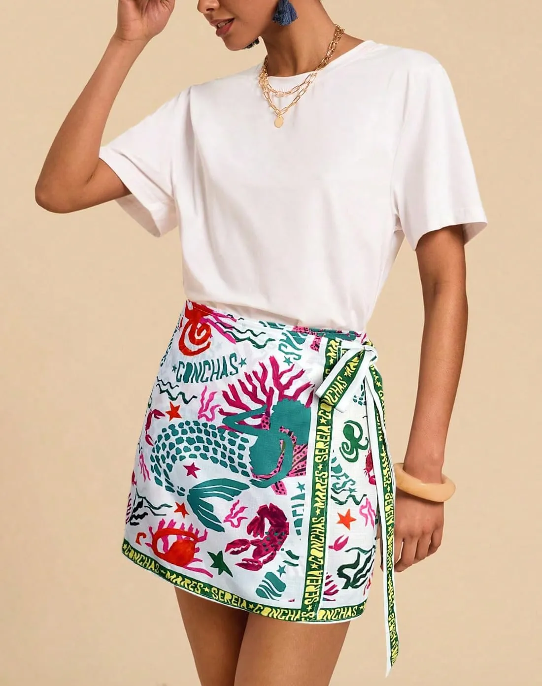 Women’s Summer Boho Skirts Floral Print Tie Knot Wrap Mini Skirt Cute Tropical Ocean Graphic Short Skirts Beachwear