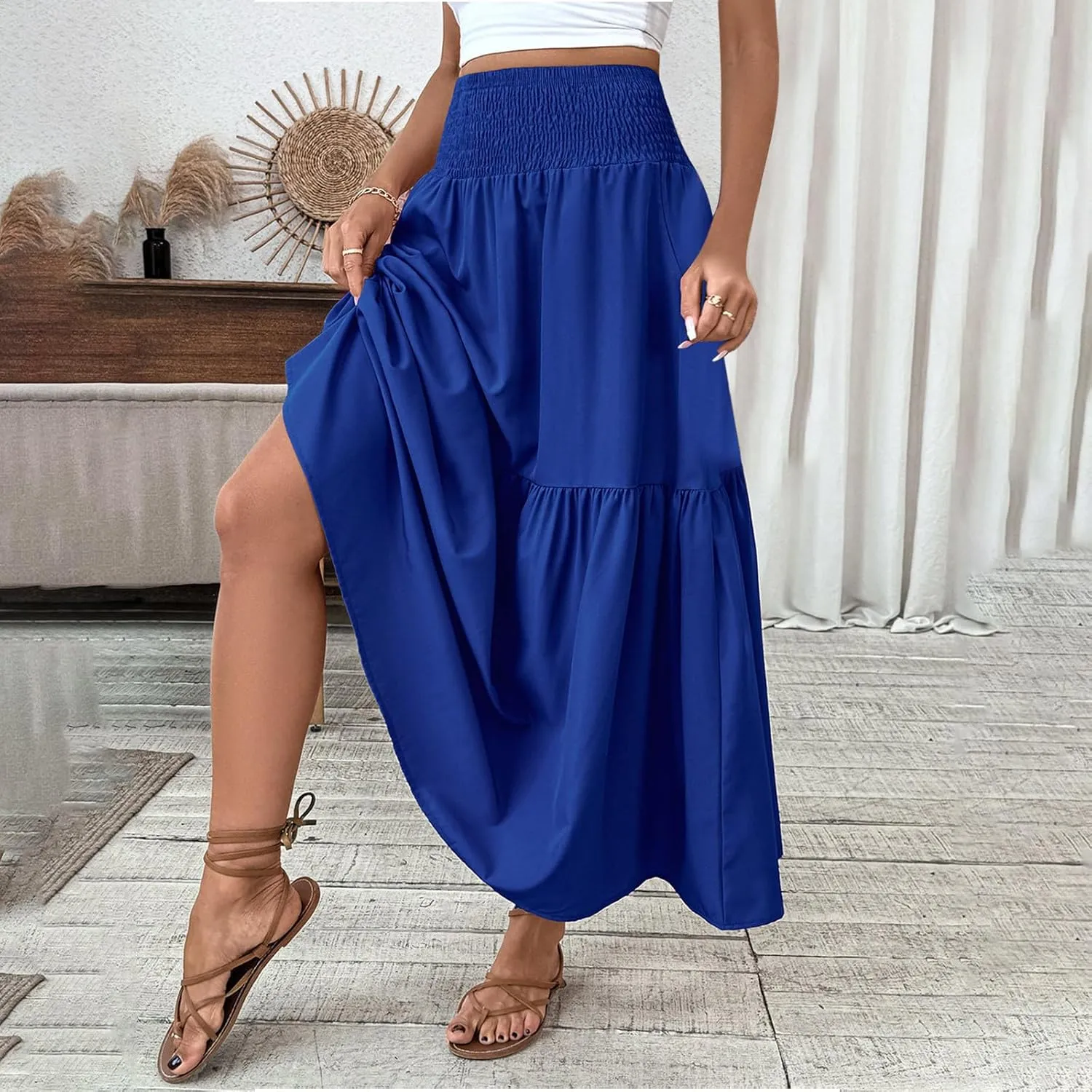 Women's Summer Boho Skirts Long Ruffle Skirts High Waisted Pleated Skirts Maxi Beach Skirts Flowy Vacation Skirts