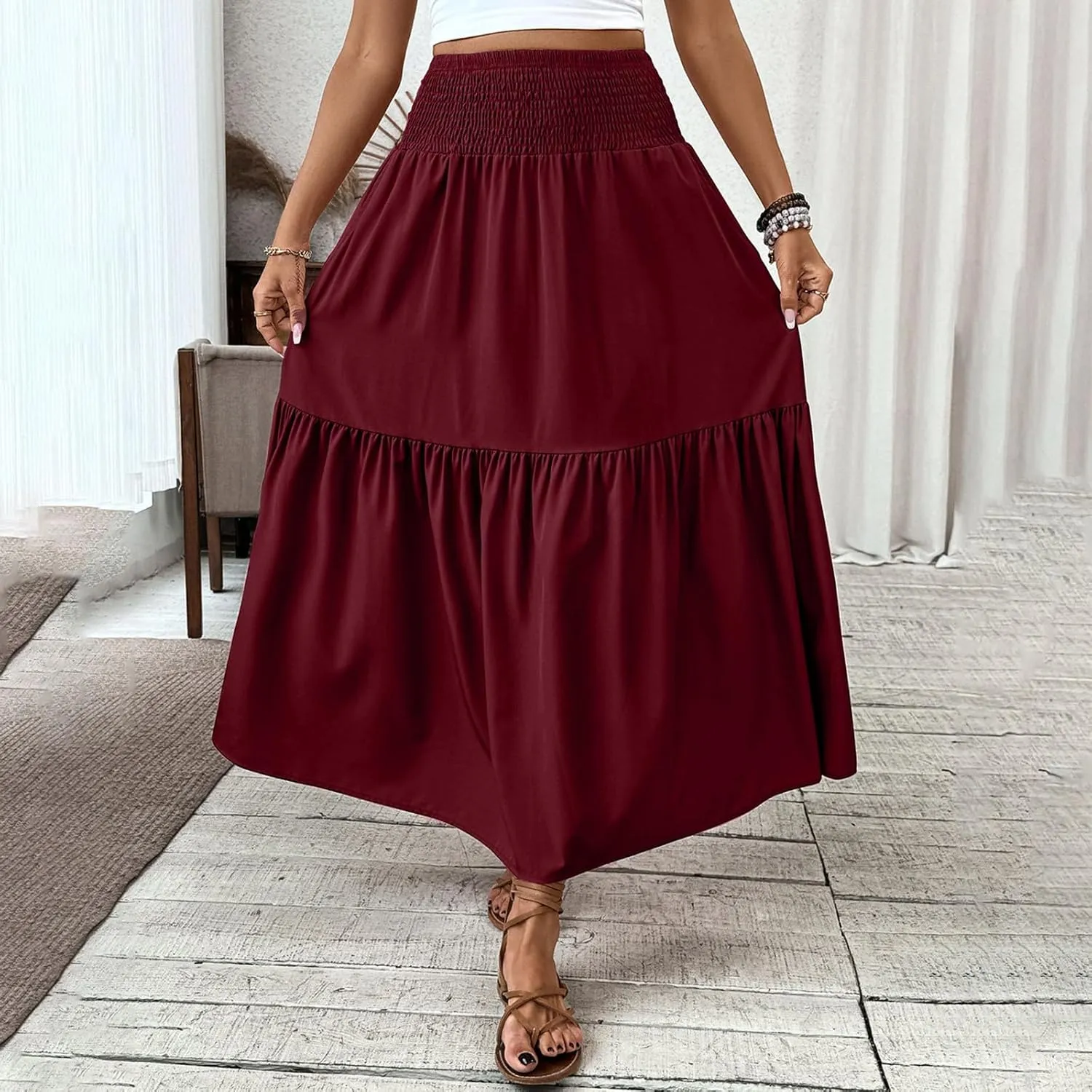 Women's Summer Boho Skirts Long Ruffle Skirts High Waisted Pleated Skirts Maxi Beach Skirts Flowy Vacation Skirts
