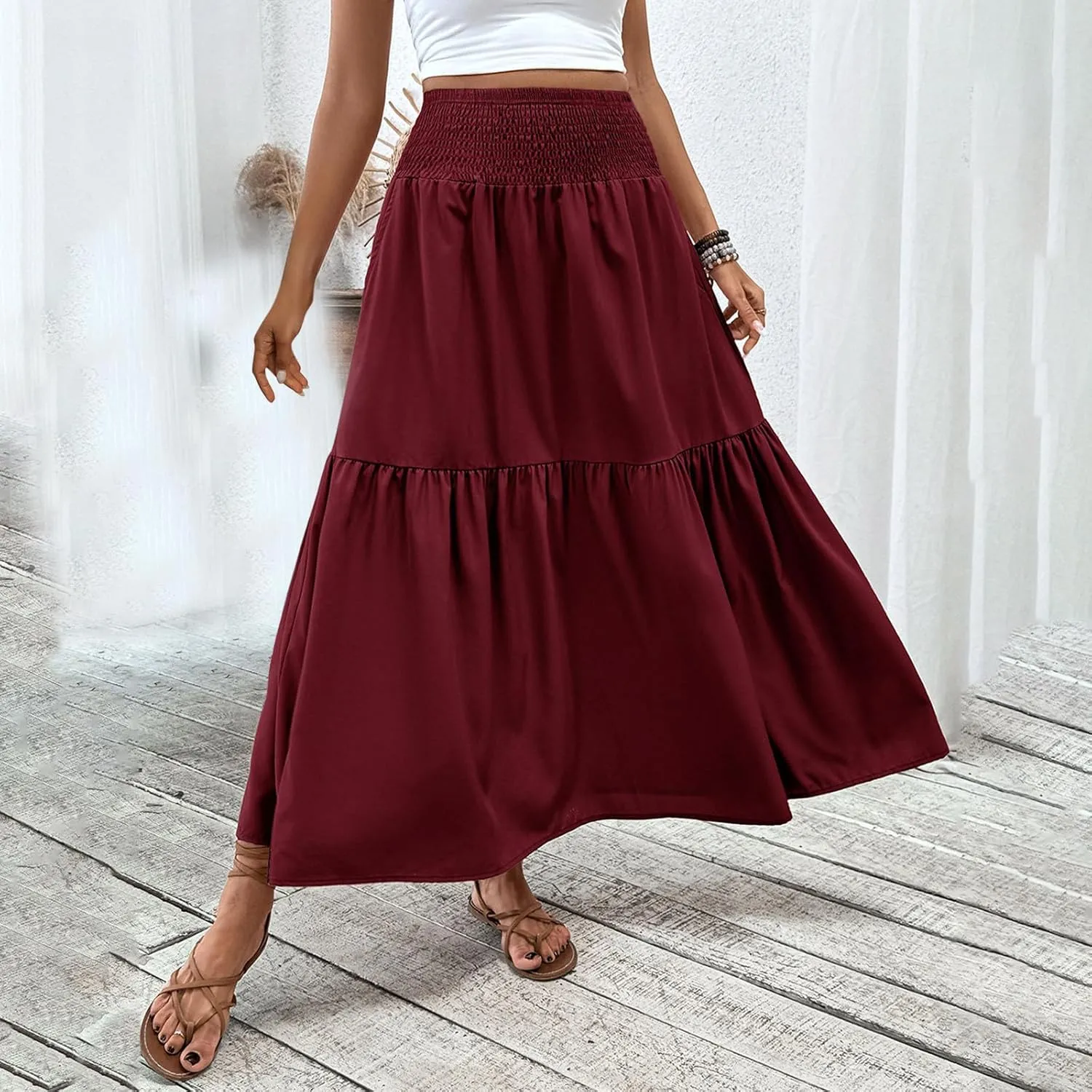 Women's Summer Boho Skirts Long Ruffle Skirts High Waisted Pleated Skirts Maxi Beach Skirts Flowy Vacation Skirts