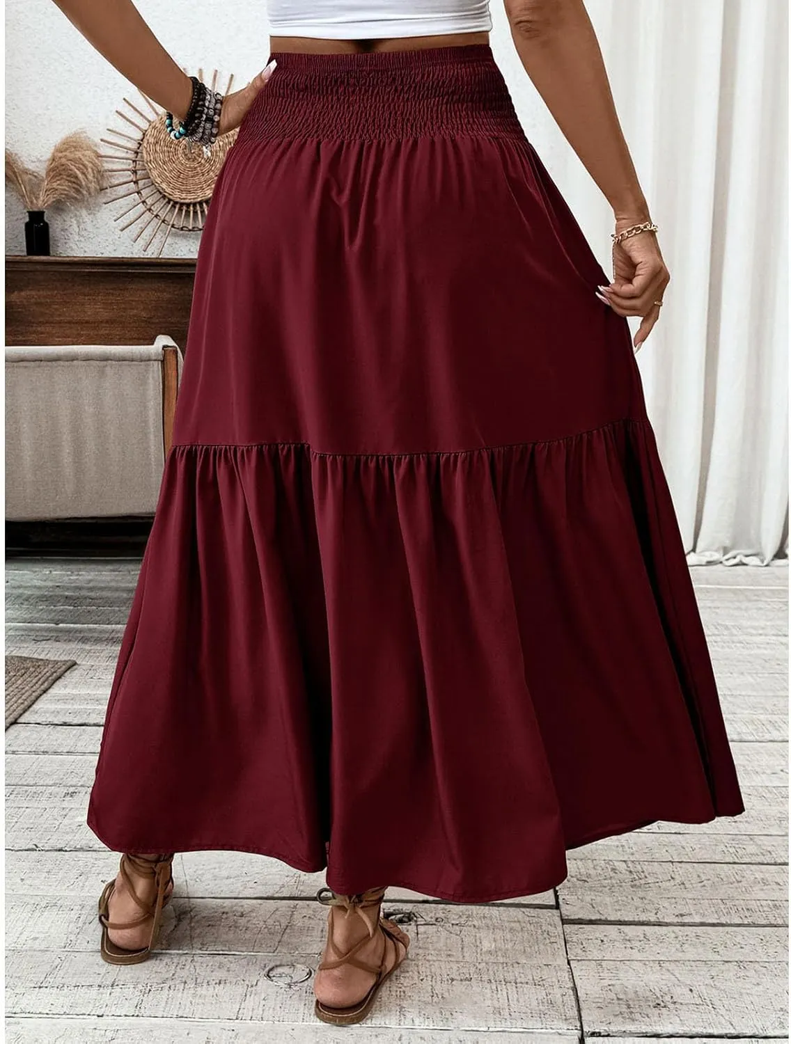 Women's Summer Boho Skirts Long Ruffle Skirts High Waisted Pleated Skirts Maxi Beach Skirts Flowy Vacation Skirts