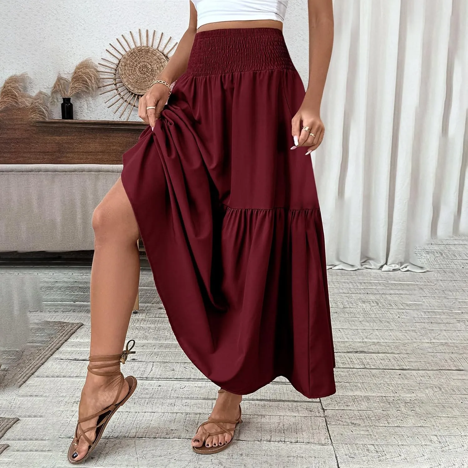 Women's Summer Boho Skirts Long Ruffle Skirts High Waisted Pleated Skirts Maxi Beach Skirts Flowy Vacation Skirts