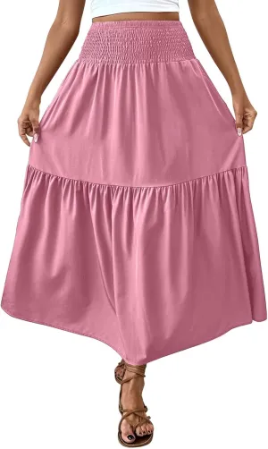 Women's Summer Boho Skirts Long Ruffle Skirts High Waisted Pleated Skirts Maxi Beach Skirts Flowy Vacation Skirts