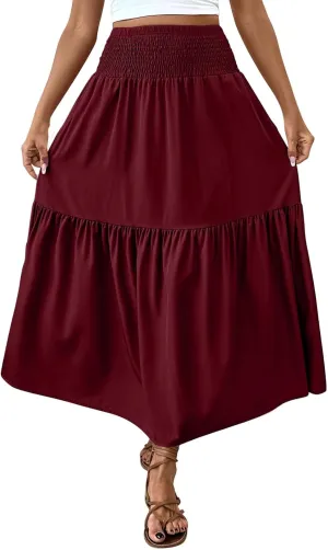 Women's Summer Boho Skirts Long Ruffle Skirts High Waisted Pleated Skirts Maxi Beach Skirts Flowy Vacation Skirts