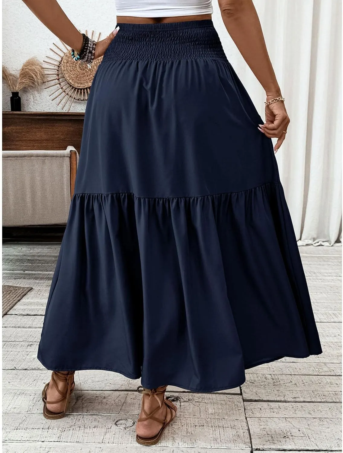 Women's Summer Boho Skirts Long Ruffle Skirts High Waisted Pleated Skirts Maxi Beach Skirts Flowy Vacation Skirts
