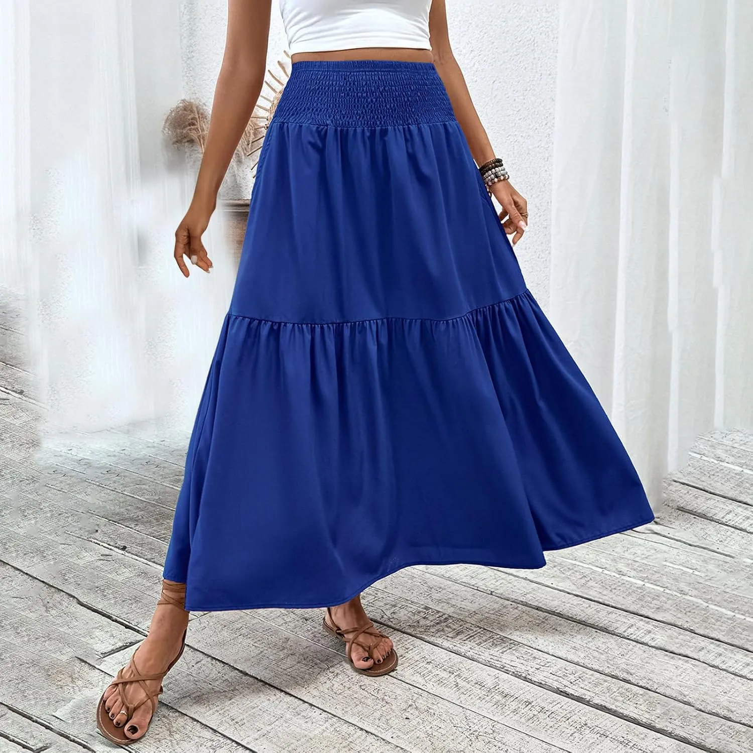 Women's Summer Boho Skirts Long Ruffle Skirts High Waisted Pleated Skirts Maxi Beach Skirts Flowy Vacation Skirts