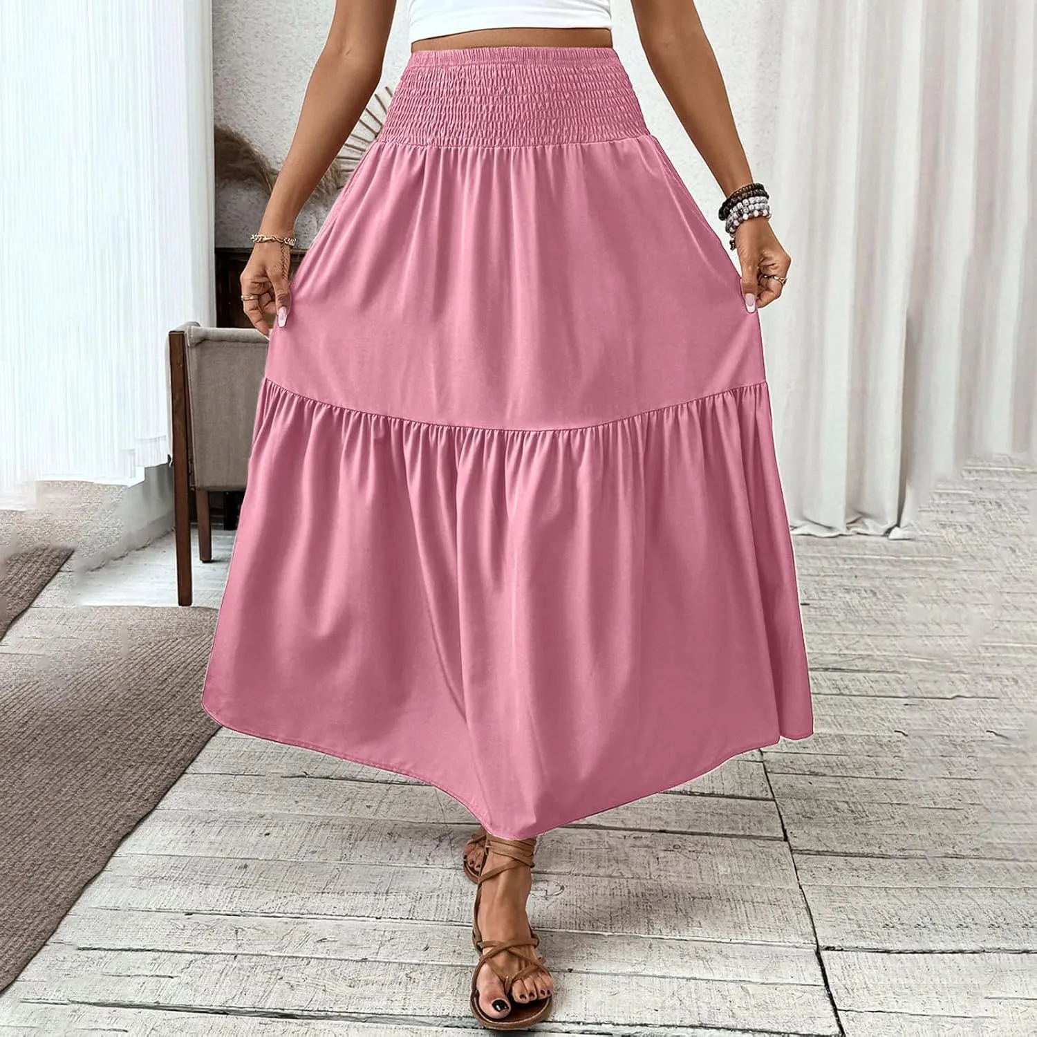 Women's Summer Boho Skirts Long Ruffle Skirts High Waisted Pleated Skirts Maxi Beach Skirts Flowy Vacation Skirts