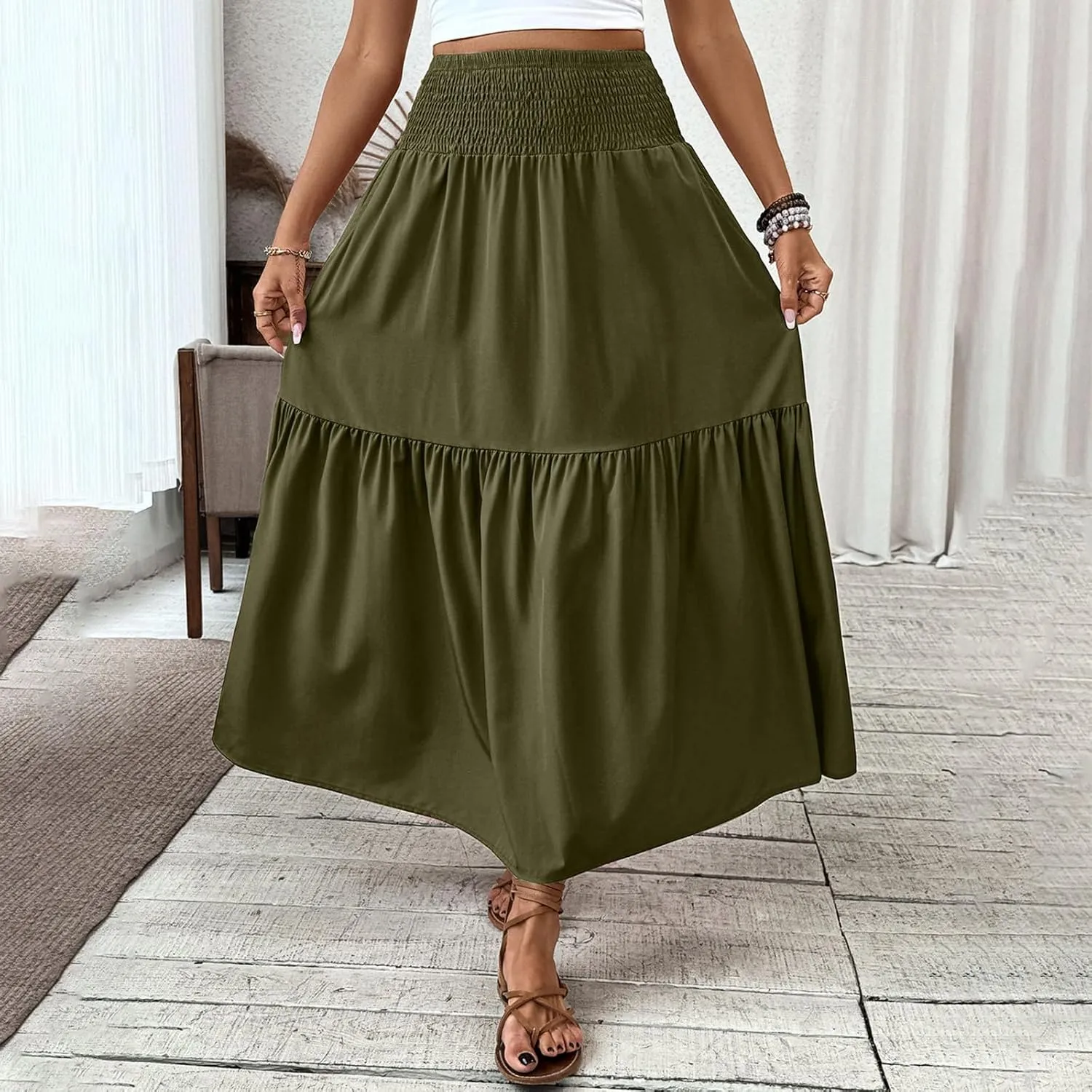 Women's Summer Boho Skirts Long Ruffle Skirts High Waisted Pleated Skirts Maxi Beach Skirts Flowy Vacation Skirts