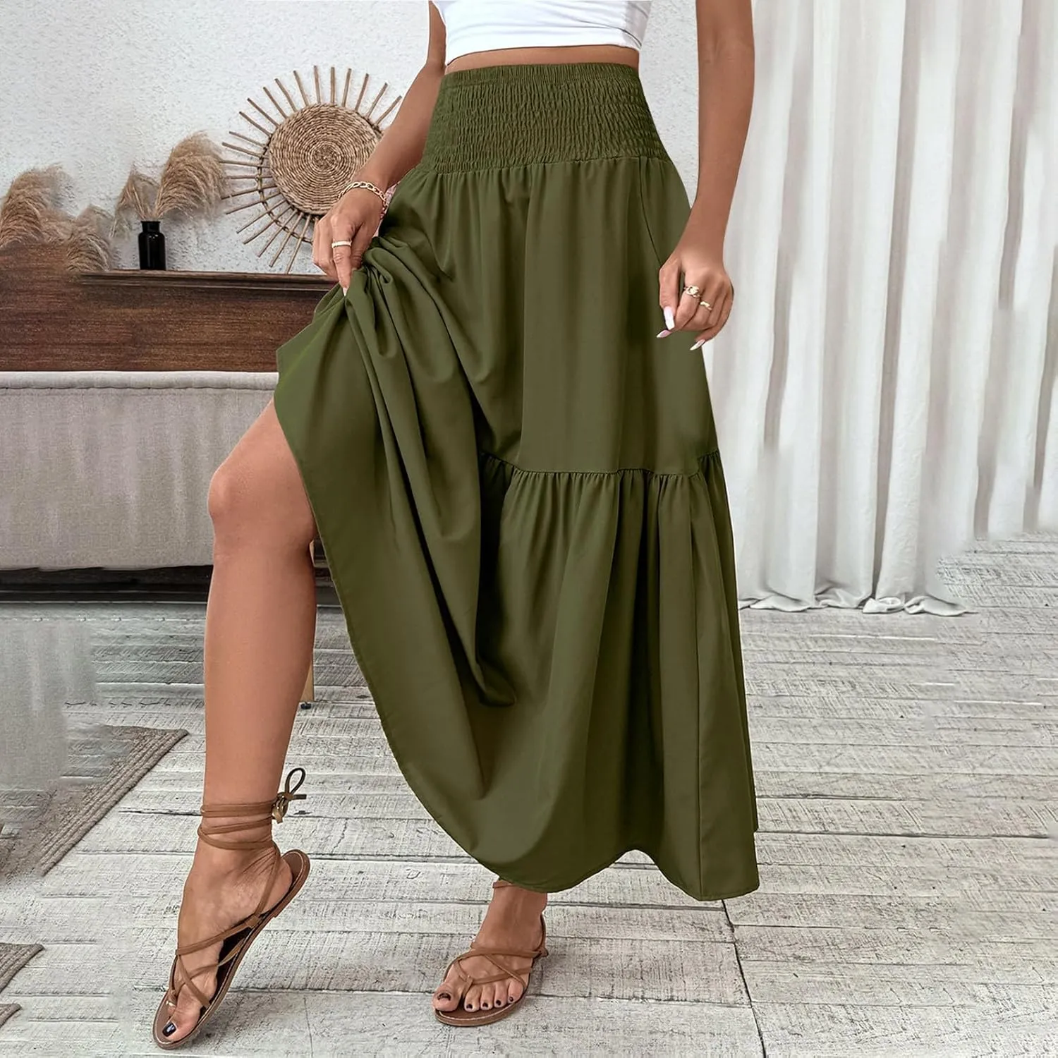 Women's Summer Boho Skirts Long Ruffle Skirts High Waisted Pleated Skirts Maxi Beach Skirts Flowy Vacation Skirts