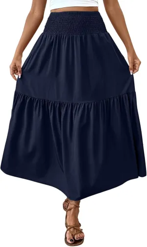 Women's Summer Boho Skirts Long Ruffle Skirts High Waisted Pleated Skirts Maxi Beach Skirts Flowy Vacation Skirts