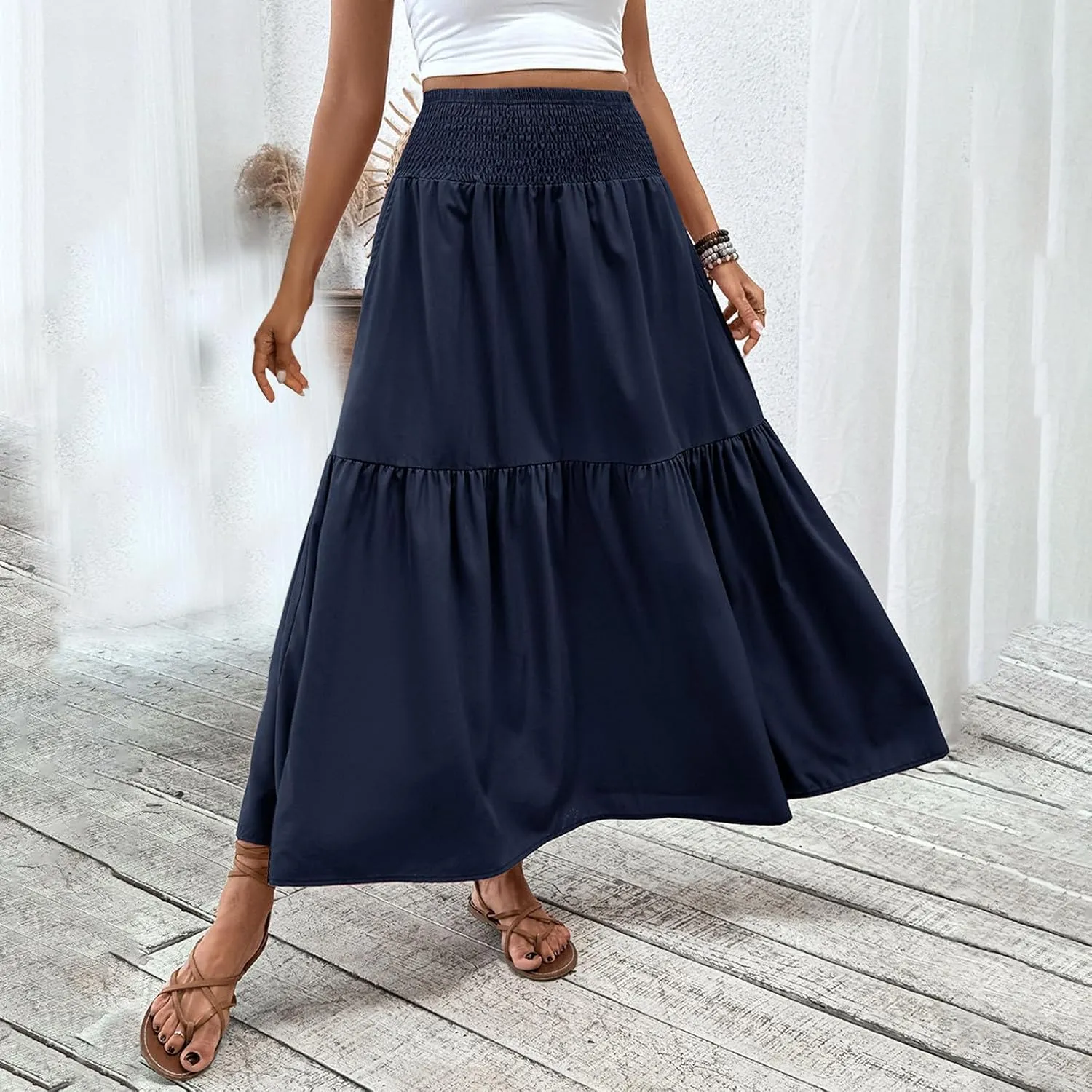 Women's Summer Boho Skirts Long Ruffle Skirts High Waisted Pleated Skirts Maxi Beach Skirts Flowy Vacation Skirts