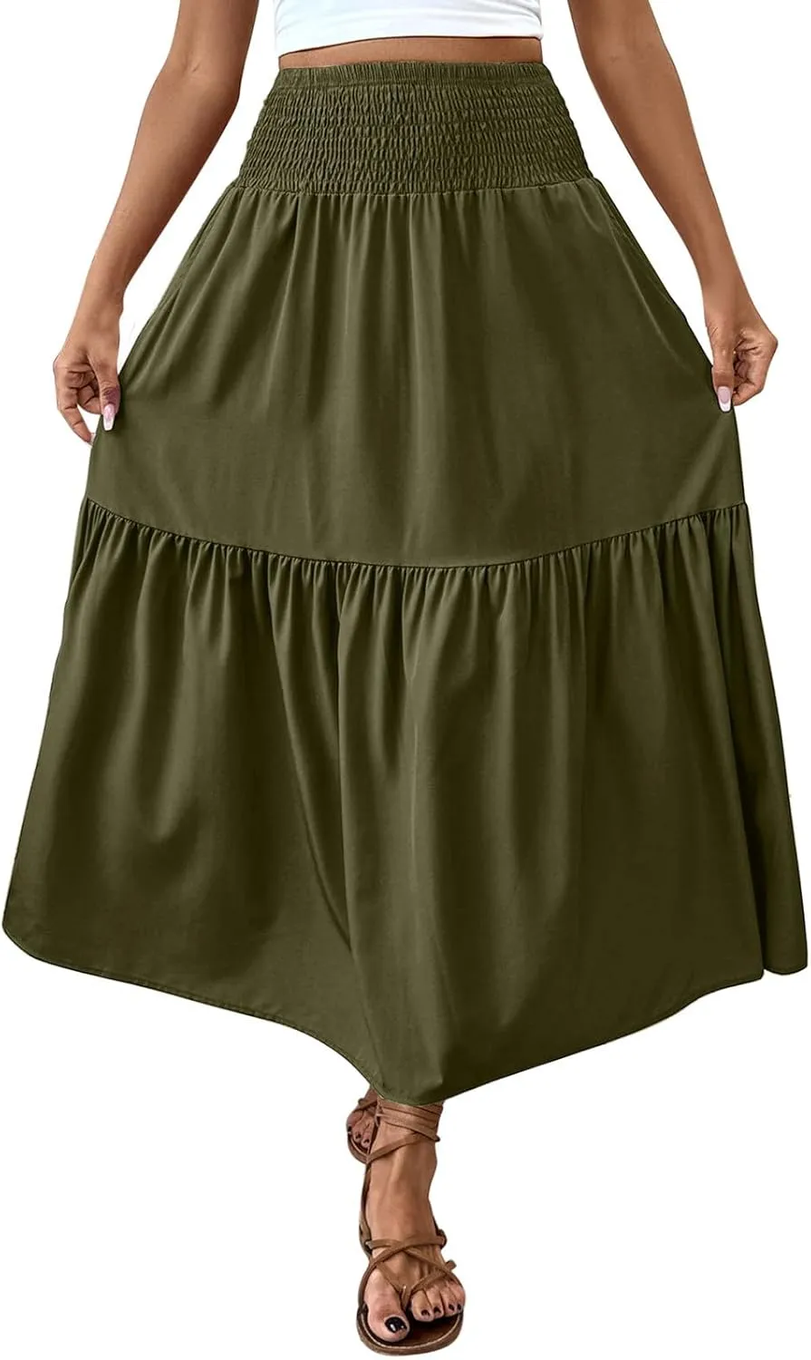 Women's Summer Boho Skirts Long Ruffle Skirts High Waisted Pleated Skirts Maxi Beach Skirts Flowy Vacation Skirts
