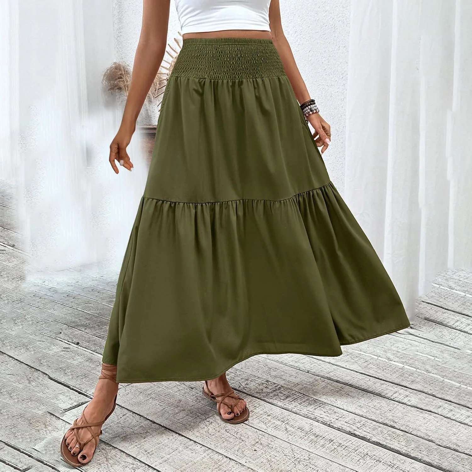 Women's Summer Boho Skirts Long Ruffle Skirts High Waisted Pleated Skirts Maxi Beach Skirts Flowy Vacation Skirts