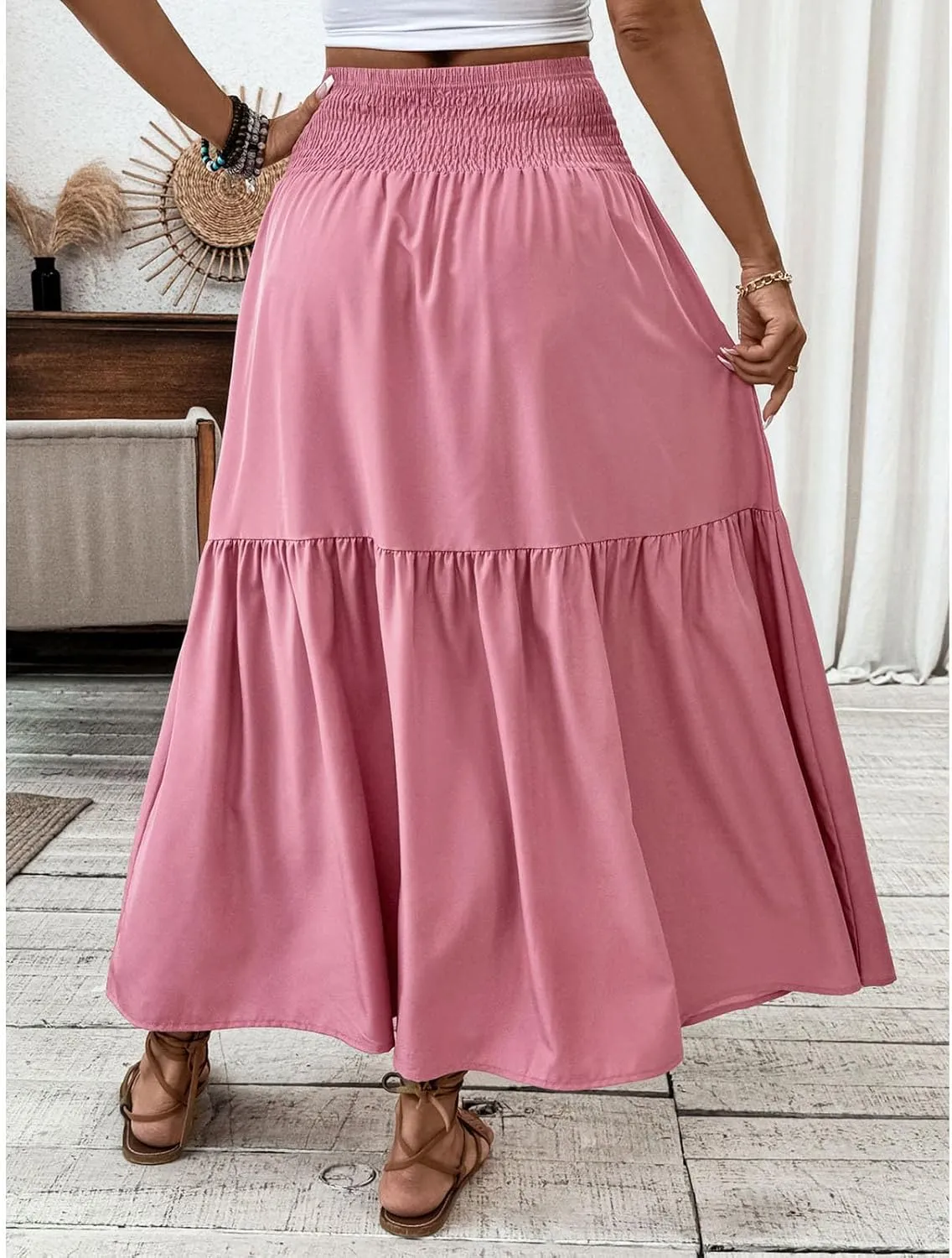 Women's Summer Boho Skirts Long Ruffle Skirts High Waisted Pleated Skirts Maxi Beach Skirts Flowy Vacation Skirts
