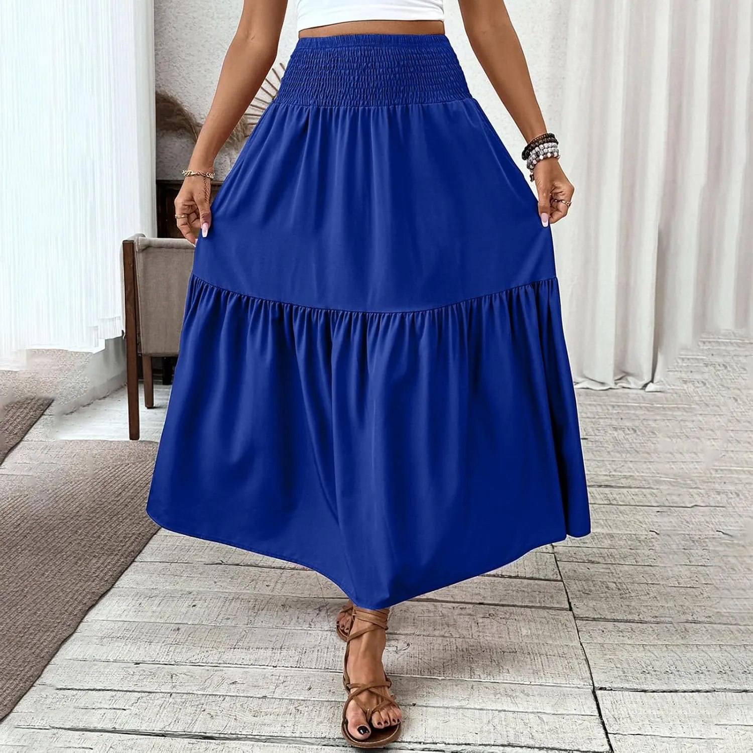 Women's Summer Boho Skirts Long Ruffle Skirts High Waisted Pleated Skirts Maxi Beach Skirts Flowy Vacation Skirts