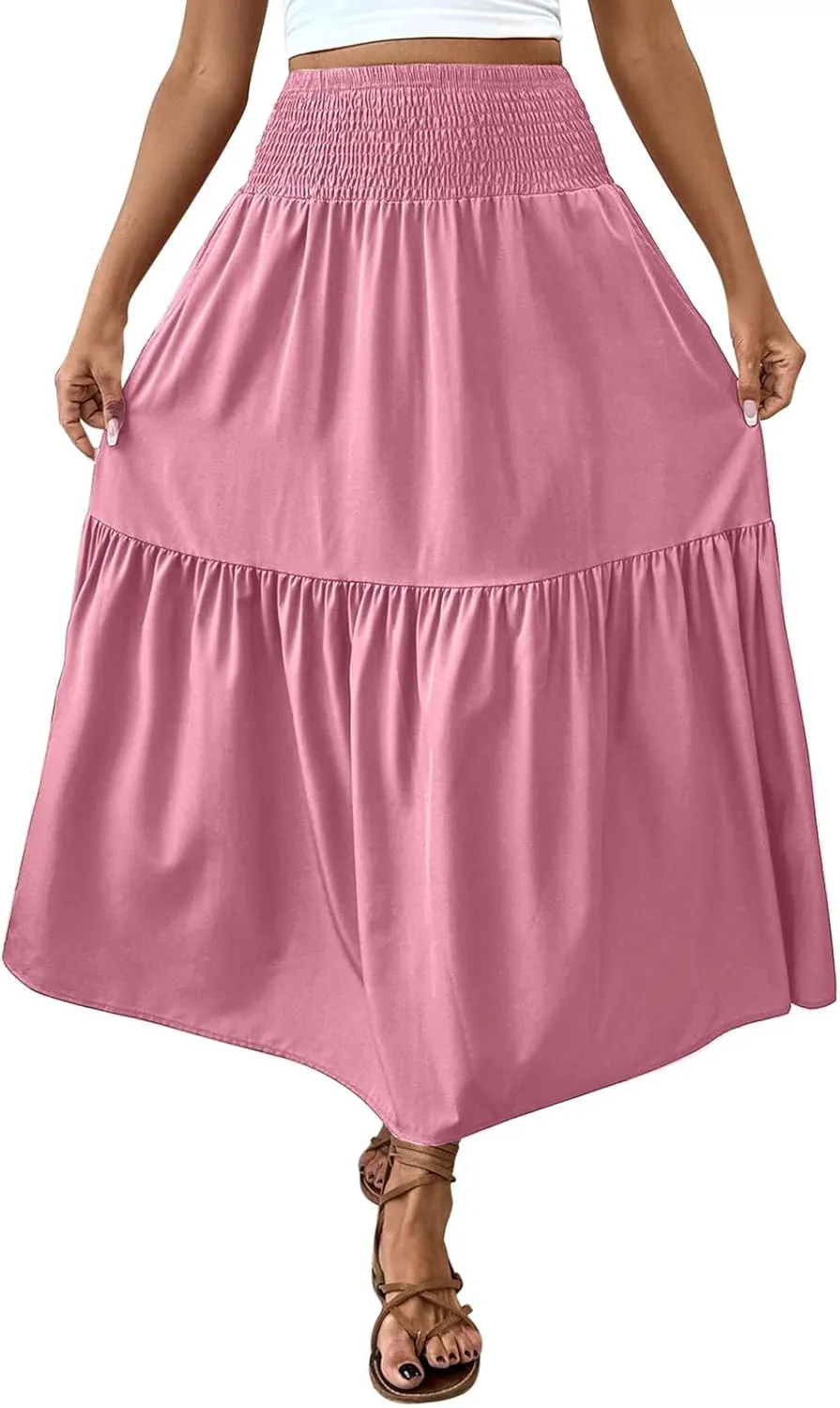 Women's Summer Boho Skirts Long Ruffle Skirts High Waisted Pleated Skirts Maxi Beach Skirts Flowy Vacation Skirts