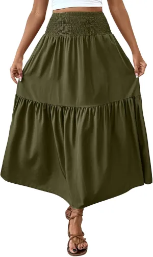 Women's Summer Boho Skirts Long Ruffle Skirts High Waisted Pleated Skirts Maxi Beach Skirts Flowy Vacation Skirts