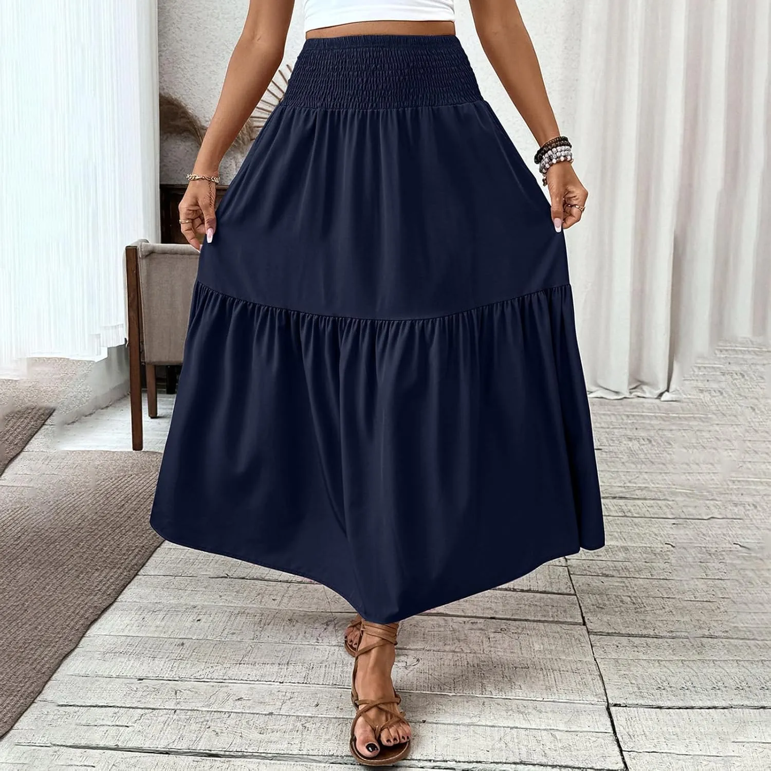 Women's Summer Boho Skirts Long Ruffle Skirts High Waisted Pleated Skirts Maxi Beach Skirts Flowy Vacation Skirts