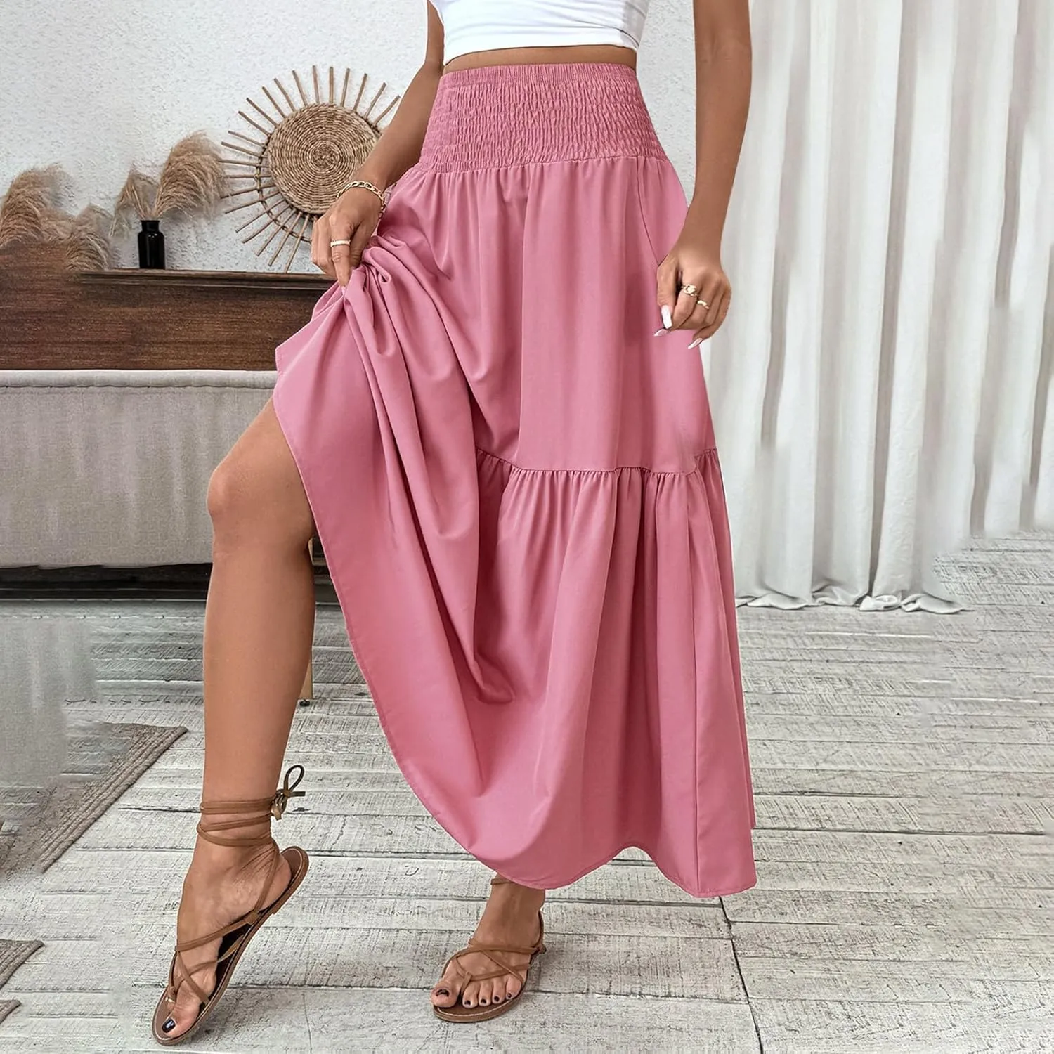 Women's Summer Boho Skirts Long Ruffle Skirts High Waisted Pleated Skirts Maxi Beach Skirts Flowy Vacation Skirts