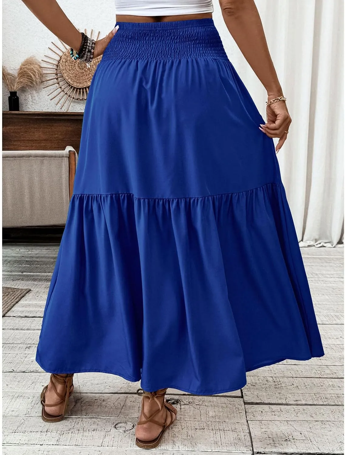 Women's Summer Boho Skirts Long Ruffle Skirts High Waisted Pleated Skirts Maxi Beach Skirts Flowy Vacation Skirts