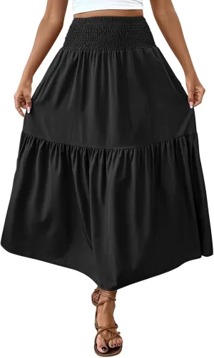 Women's Summer Boho Skirts Long Ruffle Skirts High Waisted Pleated Skirts Maxi Beach Skirts Flowy Vacation Skirts