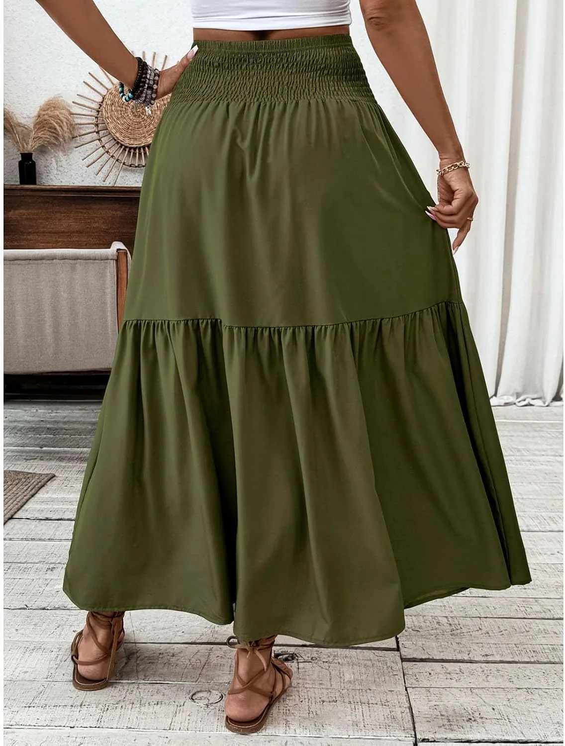 Women's Summer Boho Skirts Long Ruffle Skirts High Waisted Pleated Skirts Maxi Beach Skirts Flowy Vacation Skirts