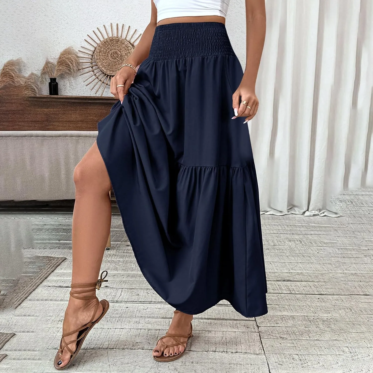 Women's Summer Boho Skirts Long Ruffle Skirts High Waisted Pleated Skirts Maxi Beach Skirts Flowy Vacation Skirts