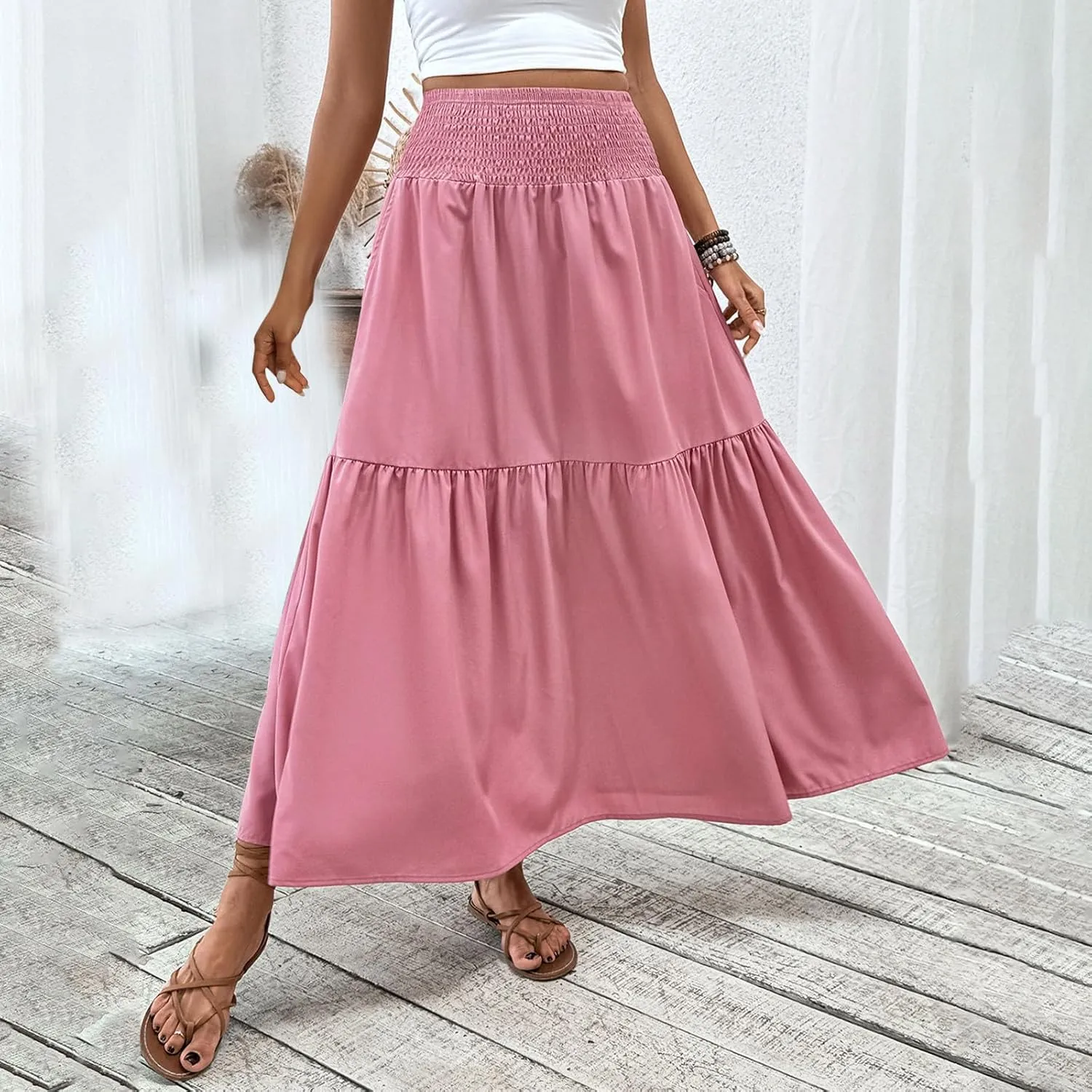 Women's Summer Boho Skirts Long Ruffle Skirts High Waisted Pleated Skirts Maxi Beach Skirts Flowy Vacation Skirts