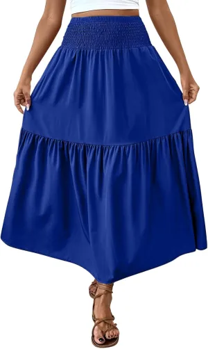 Women's Summer Boho Skirts Long Ruffle Skirts High Waisted Pleated Skirts Maxi Beach Skirts Flowy Vacation Skirts